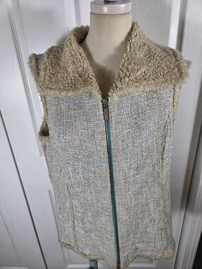 Dana Buchman Tweed Sherpa Vest Womens M Beige Blue Zip Cozy